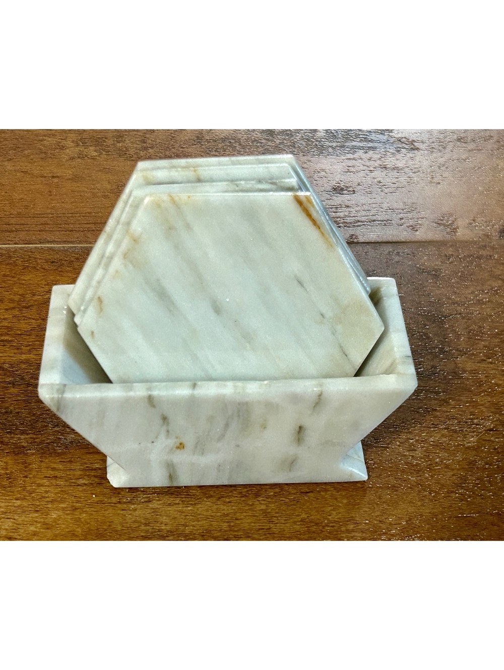 Set of 4 Hexagonal White Marble Coasters with Holder